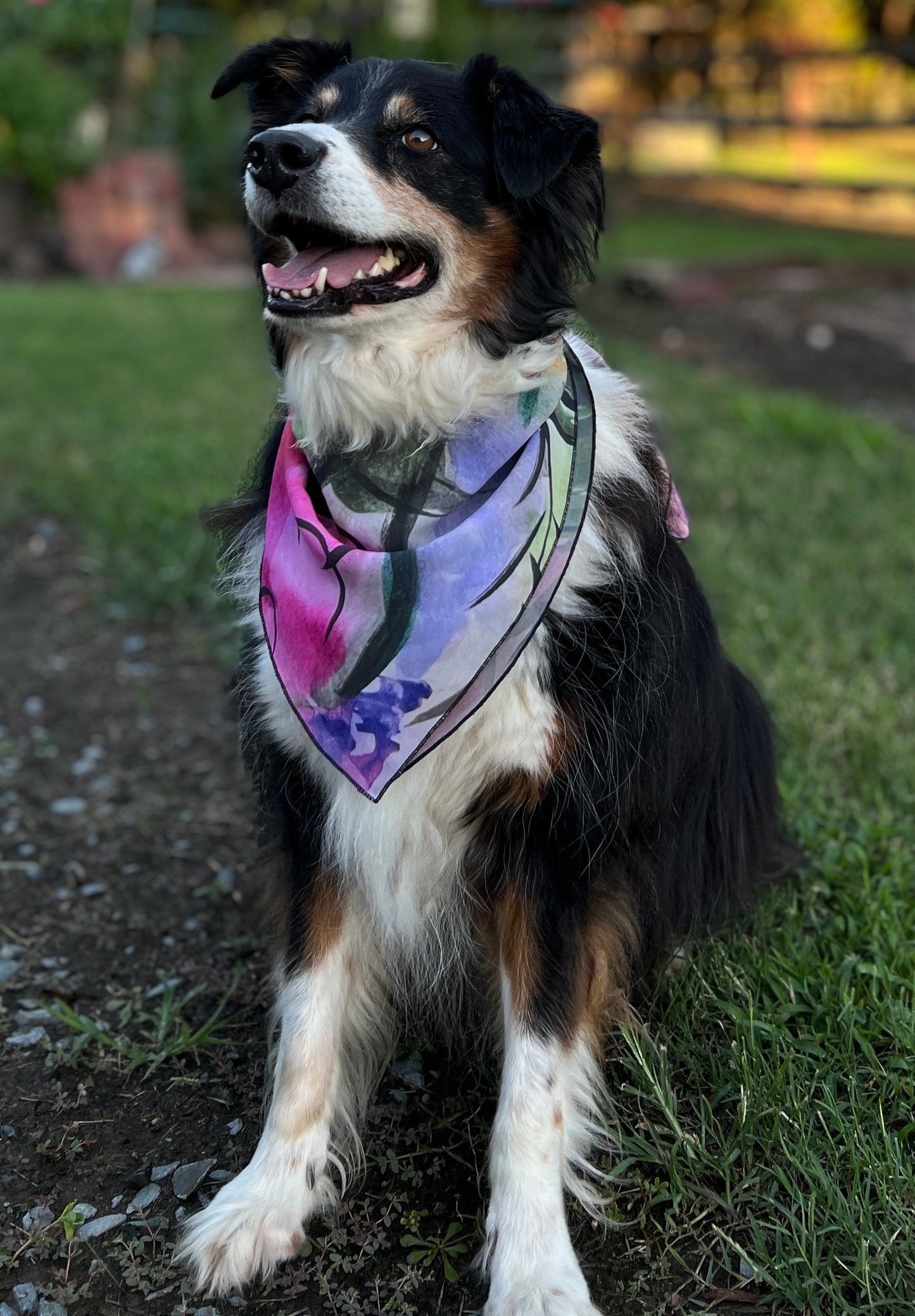  painted this gorgeous watercolor scarf entitled "Mimi" named after a dear friend that is made from vegan georgette fabric that feels like silk. The colors are vibrant and bold. Sophisticated and elegant, these scarves are made from vegan georgette fabric that feels like silk, but with more durability. perfect for human or dogs! 