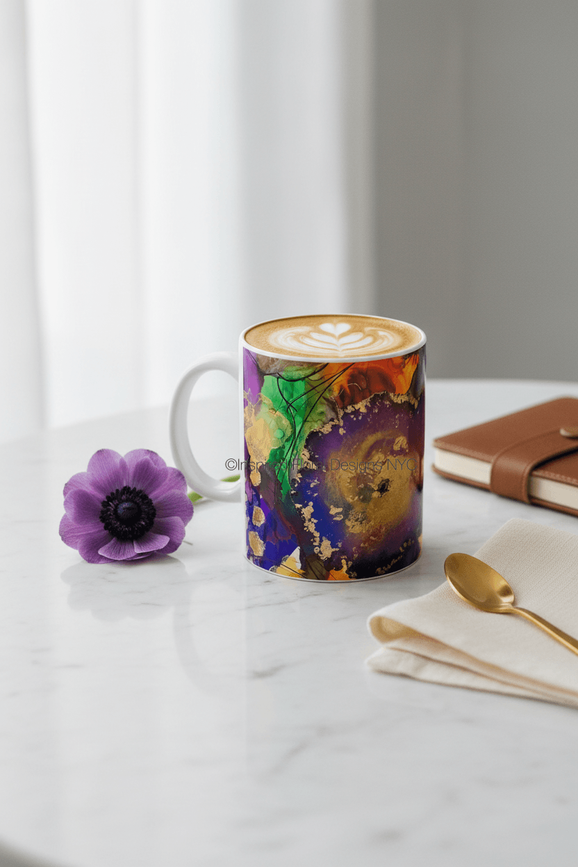 splendor coffee cup inspired floral designs nyc llc copyright with purple flower and spoon and napkin