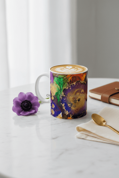 splendor coffee cup inspired floral designs nyc llc copyright with purple flower and spoon and napkin