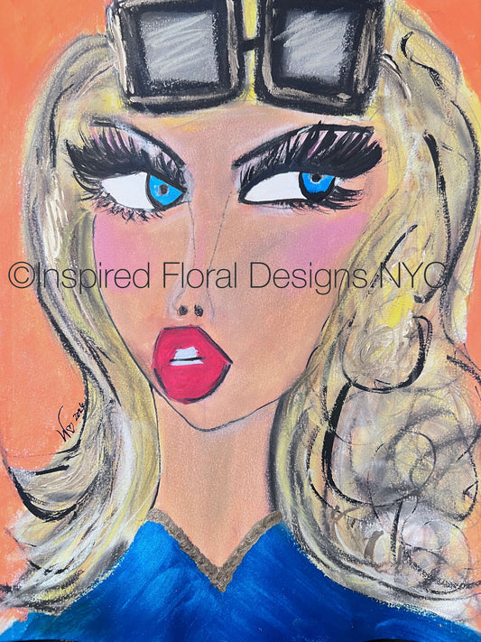 A stylized portrait painting of a woman with blonde hair, blue eyes, red lips, black sunglasses on her forehead, and a blue top against an orange backdrop by Whitney at Inspired Floral Designs NYC. A watermark reading 'Inspired Floral Designs NYC LLC copyright