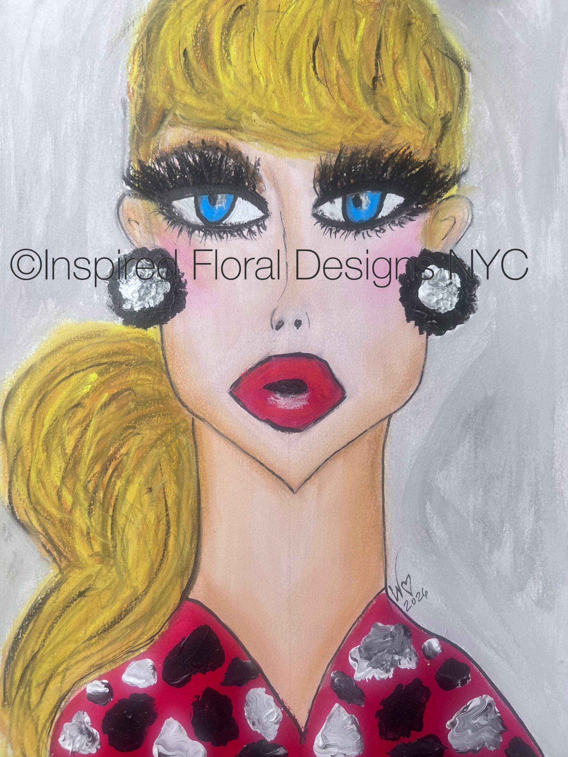 A stylized portrait painting of a woman with bright yellow hair, blue eyes, dramatic black eyelashes, red lips, and black-and-white earrings, wearing a red top with white and black spots by Whitney at Inspired Floral Designs NYC LLC. The artwork fills the frame. Copyright