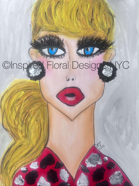 A stylized portrait painting of a woman with bright yellow hair, blue eyes, dramatic black eyelashes, red lips, and black-and-white earrings, wearing a red top with white and black spots by Whitney at Inspired Floral Designs NYC LLC. The artwork fills the frame. Copyright