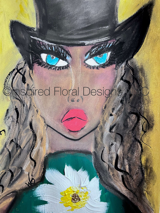 A stylized portrait painting of a woman with a black hat, bright blue eyes, pink lips, wavy brown hair, and a green top with a large white flower, set against a yellow background by Whitney at Inspired Floral Designs NYC LLC. A watermark reading 'Inspired Floral Designs NYC LLC' is visible across the center. COPYRIGHT