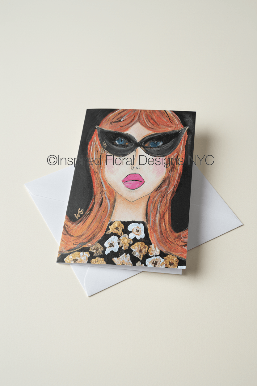 A square greeting card by Whitney at Inspired Floral Designs NYC LLC featuring a stylized illustration of a woman with orange hair, black sunglasses, and pink lips, shown with a white envelope on a light beige background. A watermark reading 'Inspired Floral Designs NYC' is visible across the center. Copyright