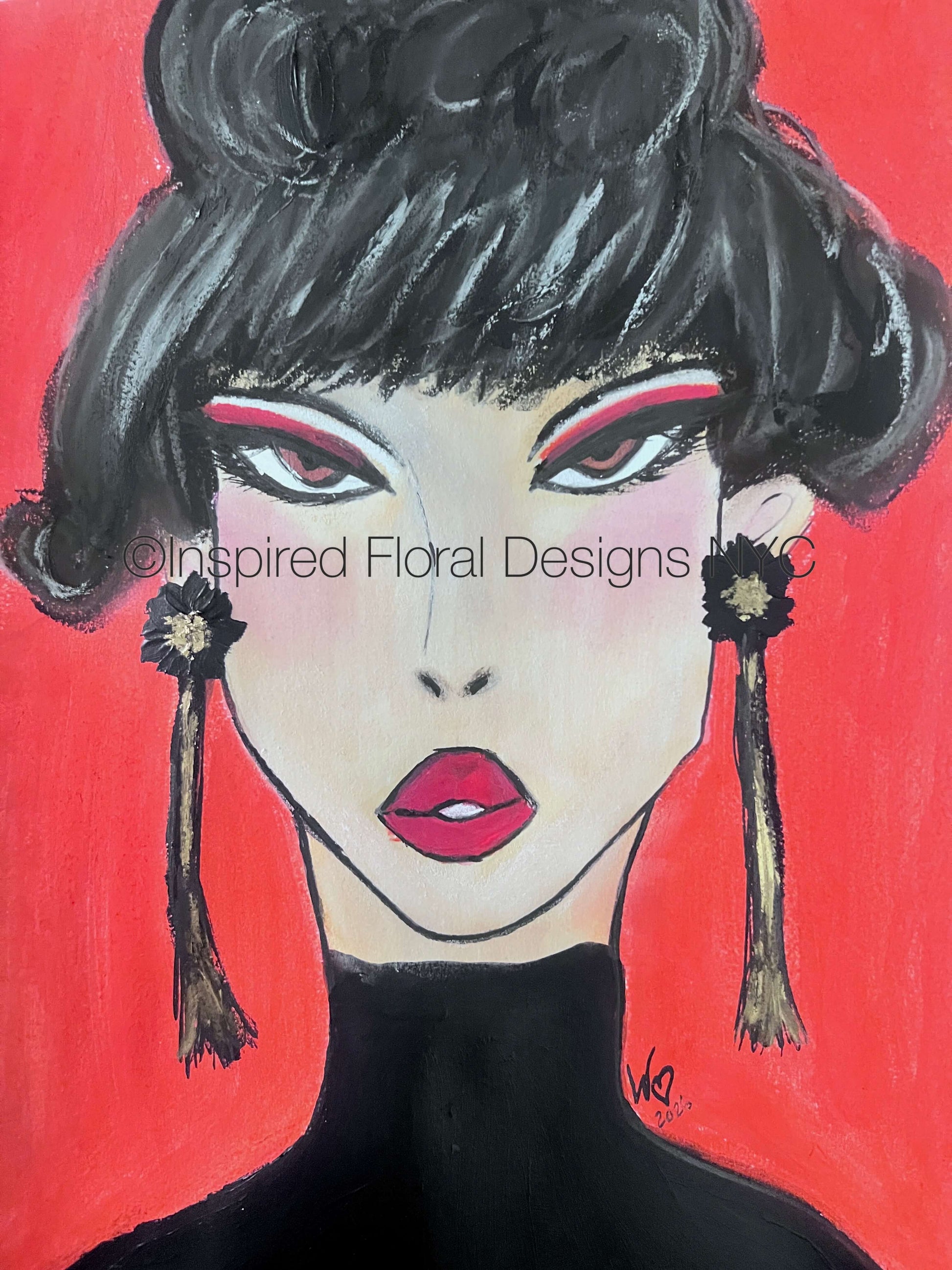 A stylized portrait painting of a woman's face with black hair, red lips, and long black earrings against a bright red background by Whitney at Inspired Floral Designs NYC LLC. A watermark reading 'Inspired Floral Designs LLC' is visible across the center. Copyright