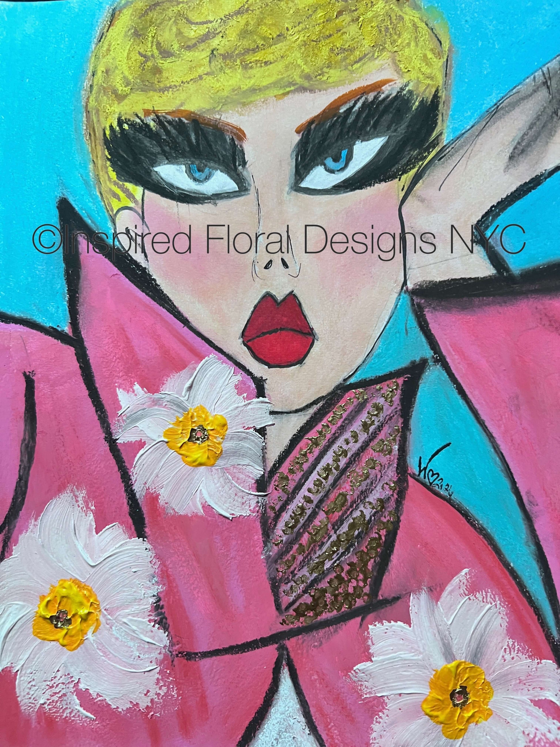 A stylized portrait painting of a woman with short yellow hair, dramatic black eye makeup, blue eyes, red lips, and a pink outfit decorated with white flowers with yellow centers, set against a bright blue background by Whitney at Inspired Floral Designs NYC LLC.  A watermark reading '© Inspired Floral Designs NYC' is visible across the face. copyright