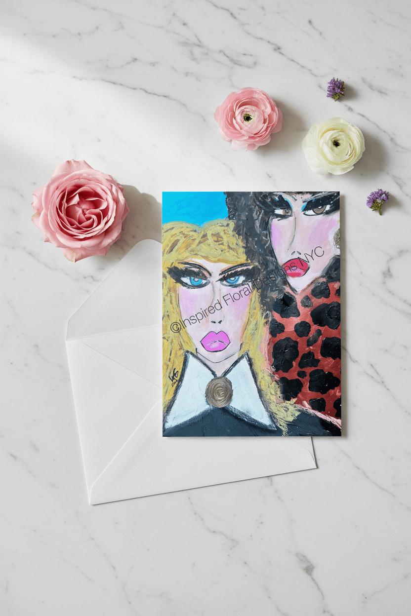 A greeting card featuring a stylized portrait of two women with bold colors and expressive faces, styled on a white marble surface with a white envelope and decorative pink and white flowers by Whitney at Inspired Floral Designs NYC LLC copyright