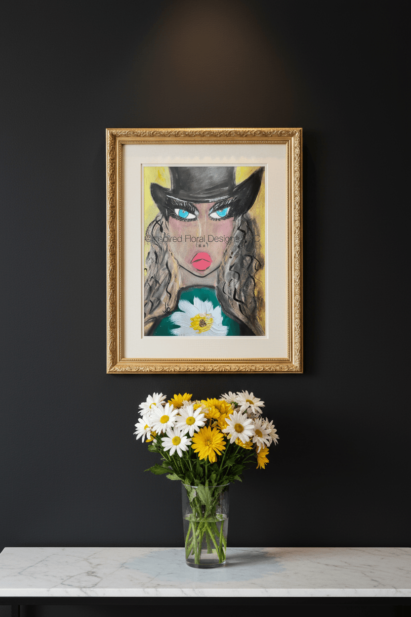 A framed art print featuring a stylized portrait of a woman with a black hat and a white flower, displayed on a dark wall above a vase of white and yellow daisies by Whitney at Inspired Floral Designs nyc llc. Copyright