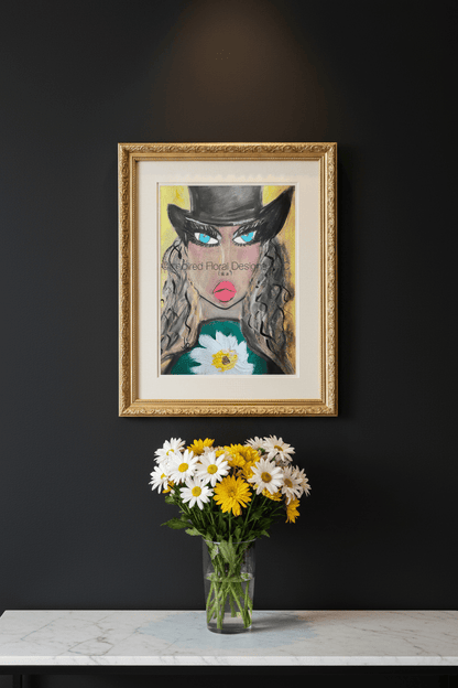 A framed art print featuring a stylized portrait of a woman with a black hat and a white flower, displayed on a dark wall above a vase of white and yellow daisies by Whitney at Inspired Floral Designs nyc llc. Copyright