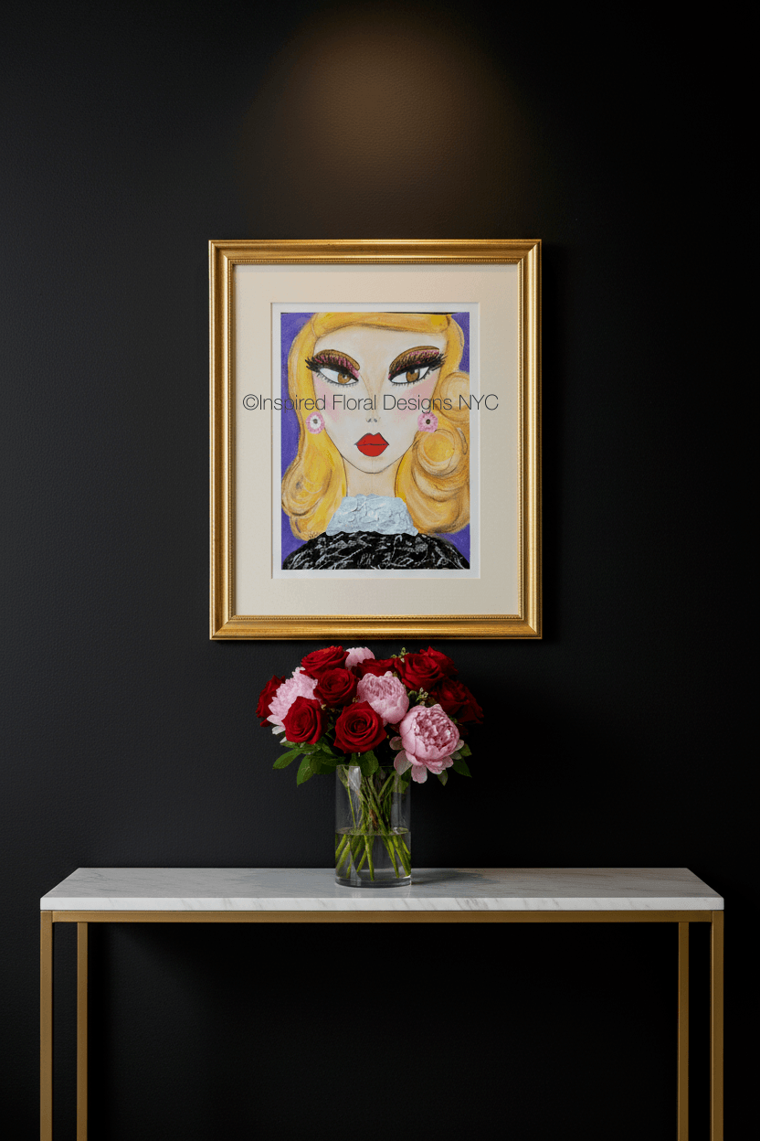 A framed art print featuring a stylized illustration of a woman with blonde hair, red lips, and a black patterned top, displayed on a dark wall above a console table with a vase of red and pink flowers by Whitney at Inspired Floral Designs NYC LLC copyright.