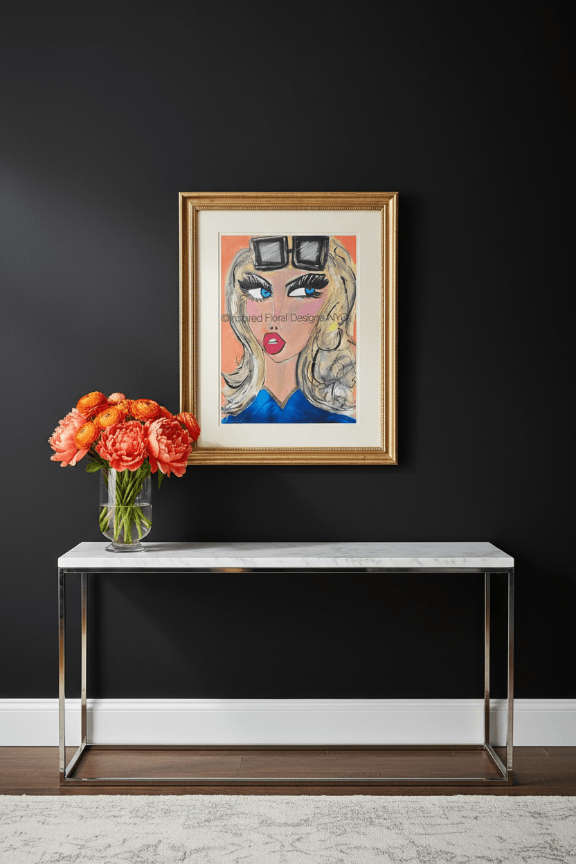 A framed art print featuring a stylized illustration of a woman with sunglasses and red lips, displayed on a dark wall above a console table with a vase of orange flowers by Whitney at Inspired Floral Designs NYC LLC copyright.