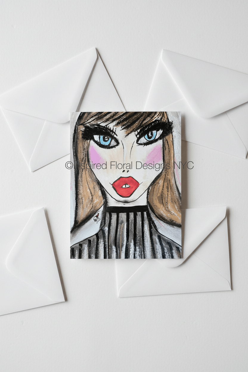 Card with a stylized illustration of a woman's face on a white background  by whitney from inspired floral designs nyc copyright