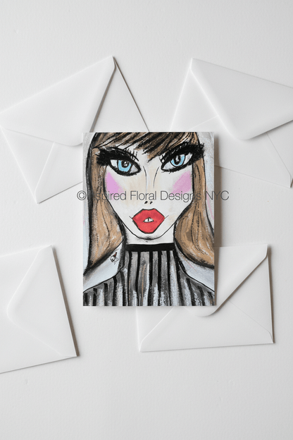 Card with a stylized illustration of a woman's face on a white background  by whitney from inspired floral designs nyc copyright