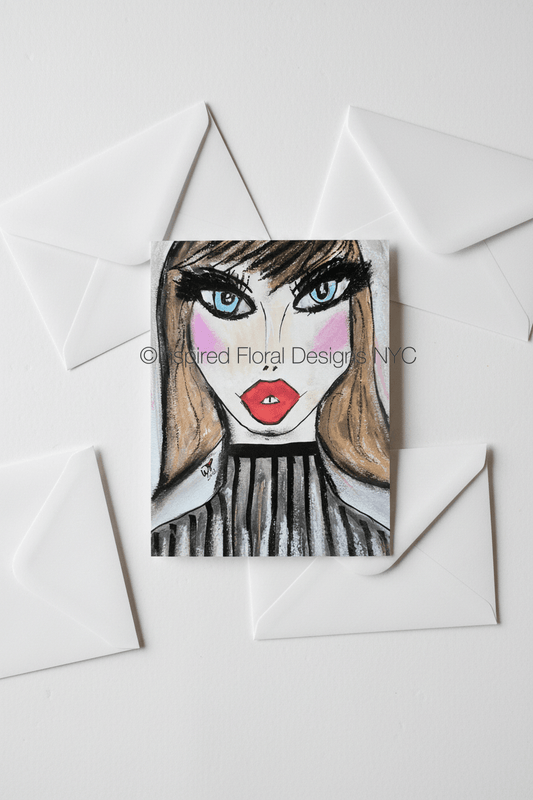 Card with a stylized illustration of a woman's face on a white background  by whitney from inspired floral designs nyc copyright