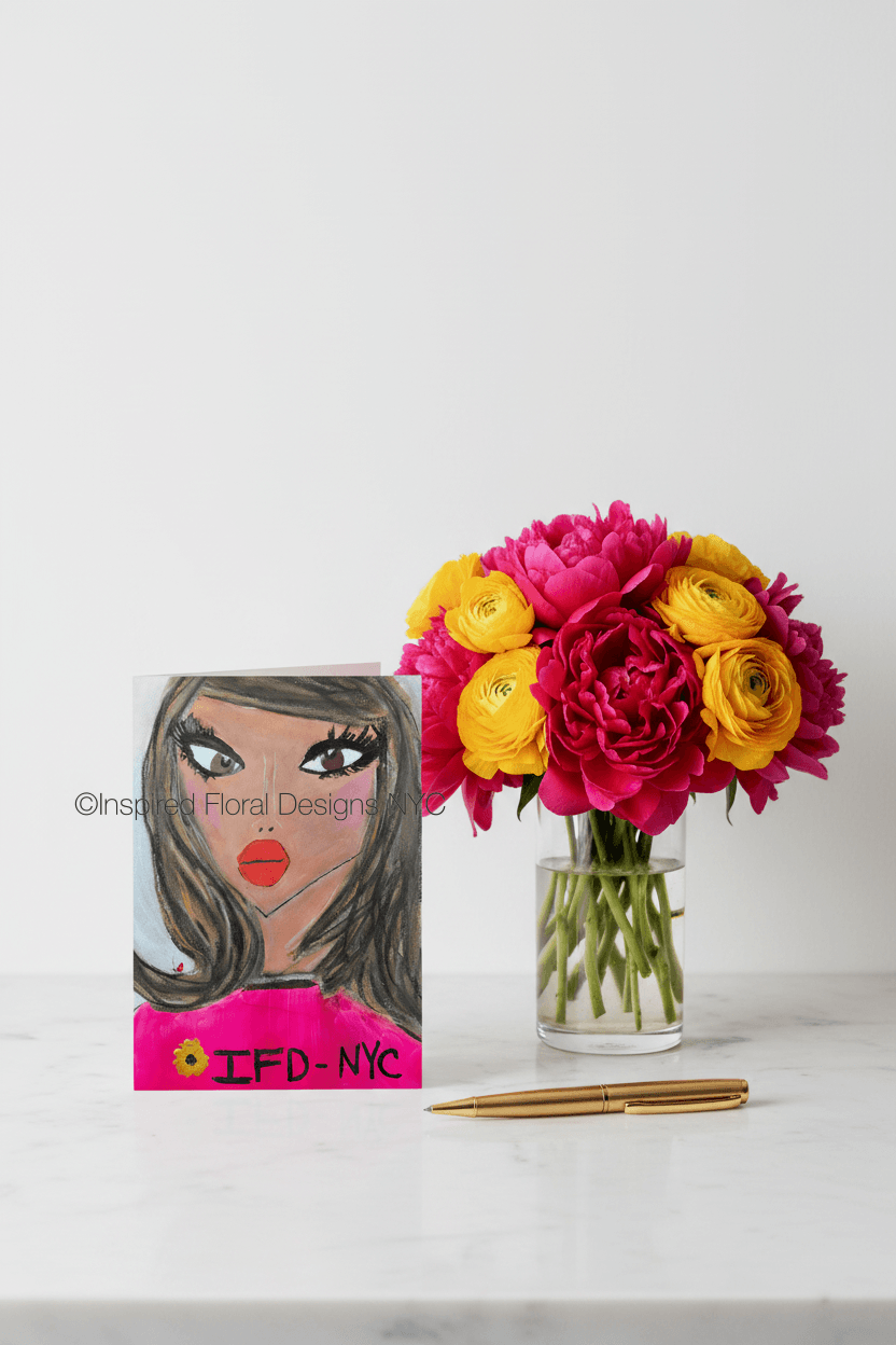 Floral arrangement in a vase next to a card with a face design on a white surface by inspired floral designs nyc llc copyright