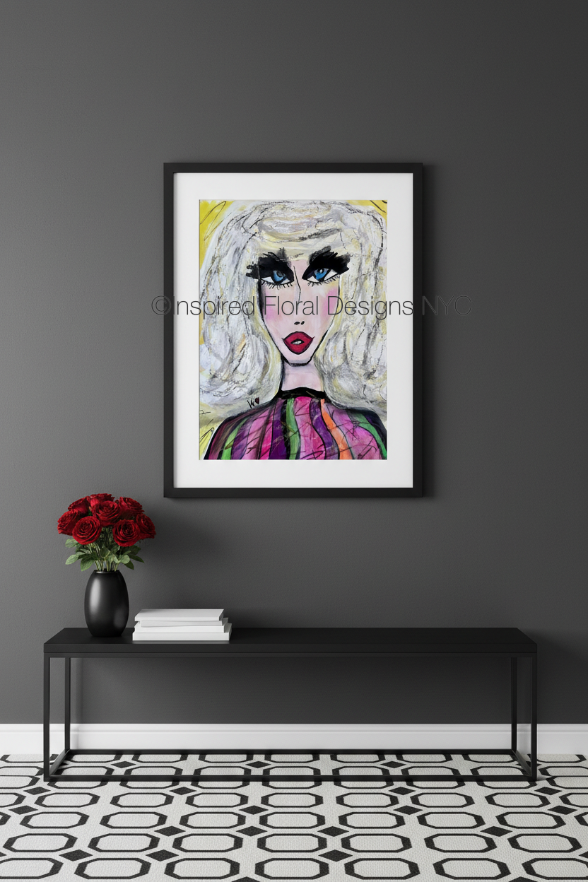 visages collection stylized face by whitney at inspired floral designs nyc copyright on gray wall with console and red flowers 
