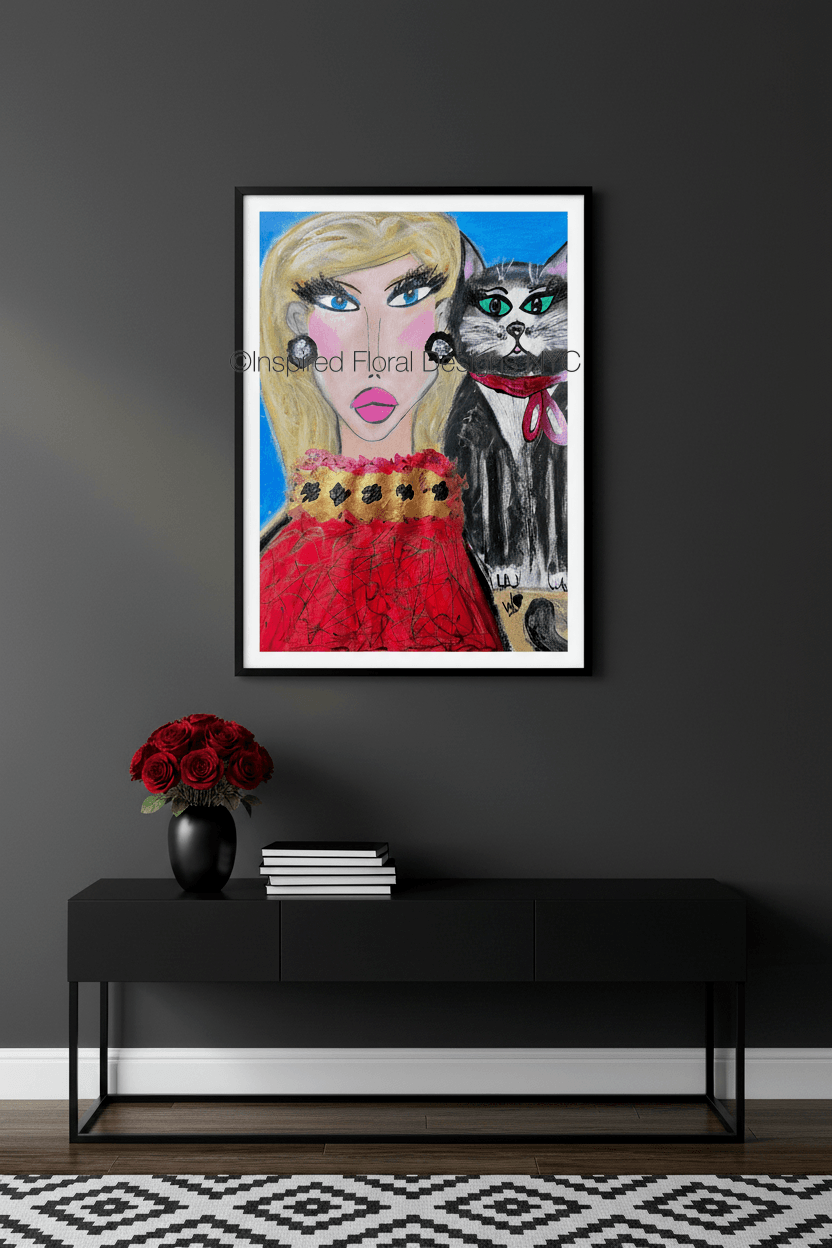 Framed artwork of a woman with a cat on a dark wall above a black console table by whitney inspired floral designs nyc llc copyright
