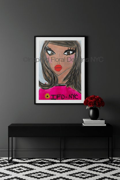 Framed artwork of a stylized face on a dark wall above a black console table with decorative items by whitney inspired floral designs nyc llc copyright 