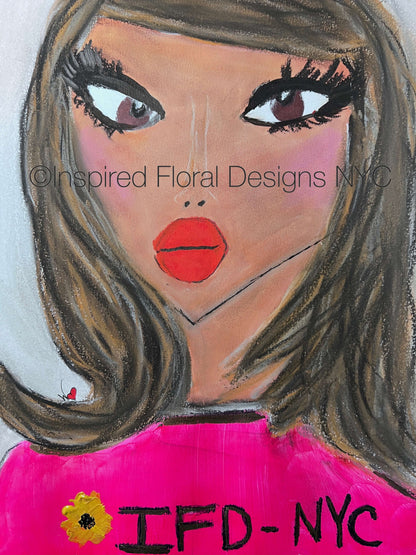 Artistic illustration of a woman's face with 'Inspired Floral Designs NYC' text by whitney inspired floral designs nyc llc copyright 