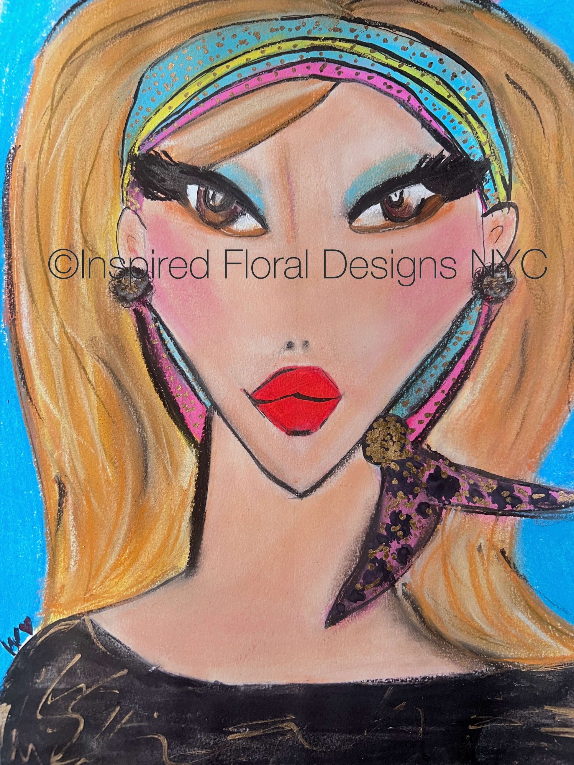 Artistic portrait of a woman with colorful headband and necklace on a blue background, featuring 'Inspired Floral Designs NYC' logo by whitney inspired floral designs nyc llc copyright 