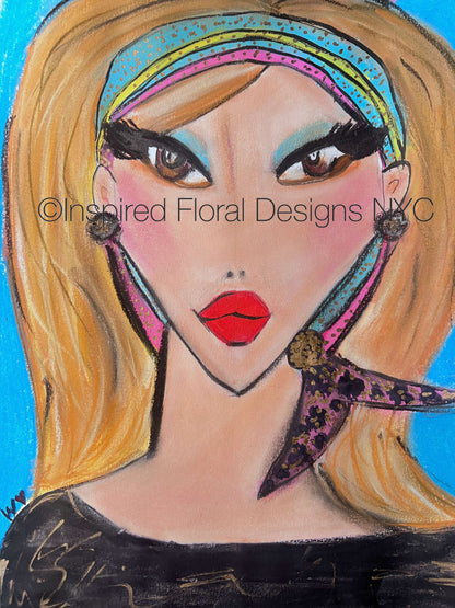 Artistic portrait of a woman with colorful headband and necklace on a blue background, featuring 'Inspired Floral Designs NYC' logo by whitney inspired floral designs nyc llc copyright 