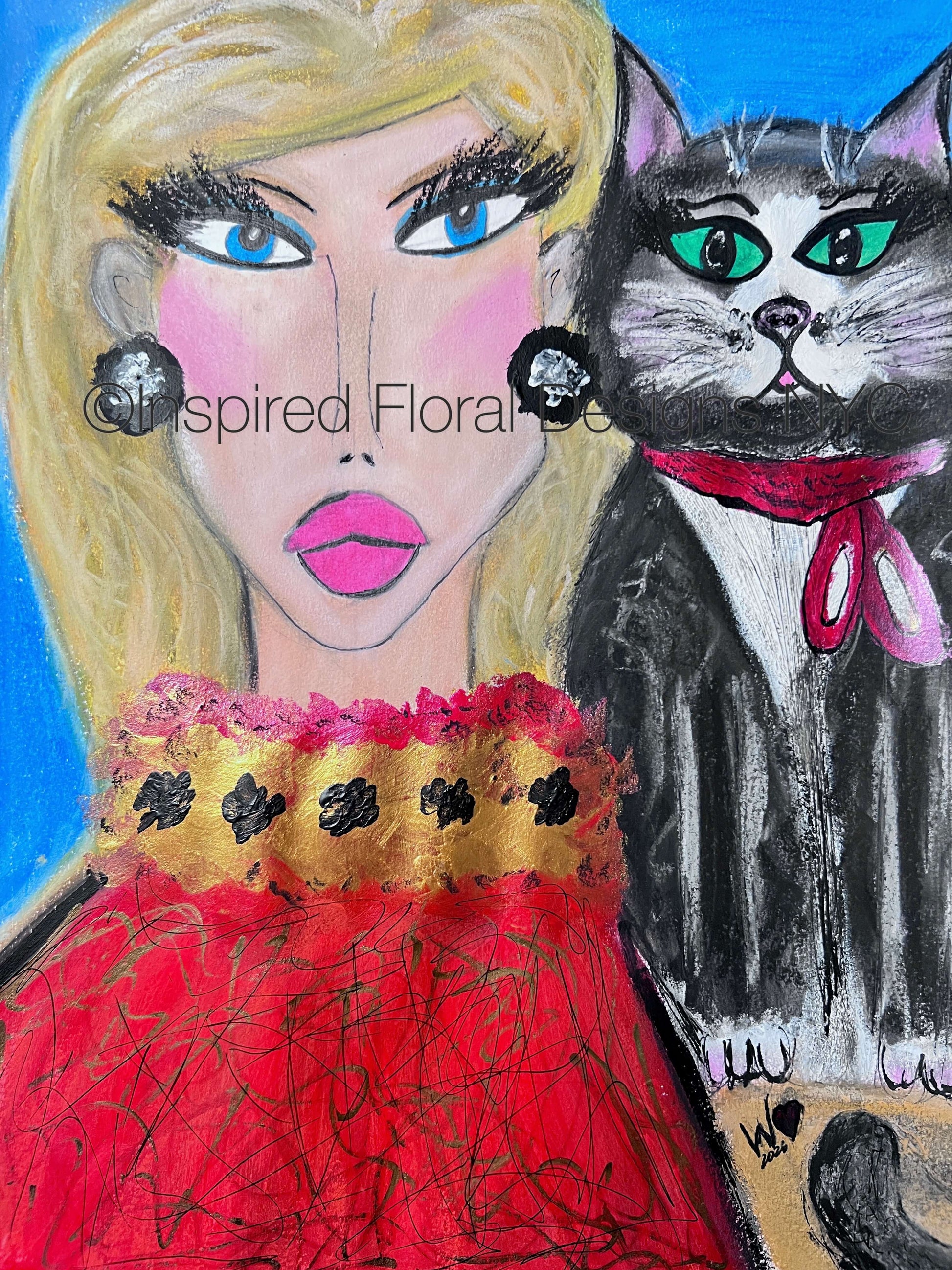 Artistic illustration of a woman in a red dress with a black and white cat wearing a red bow tie by whitney inspired floral designs nyc llc copyright 