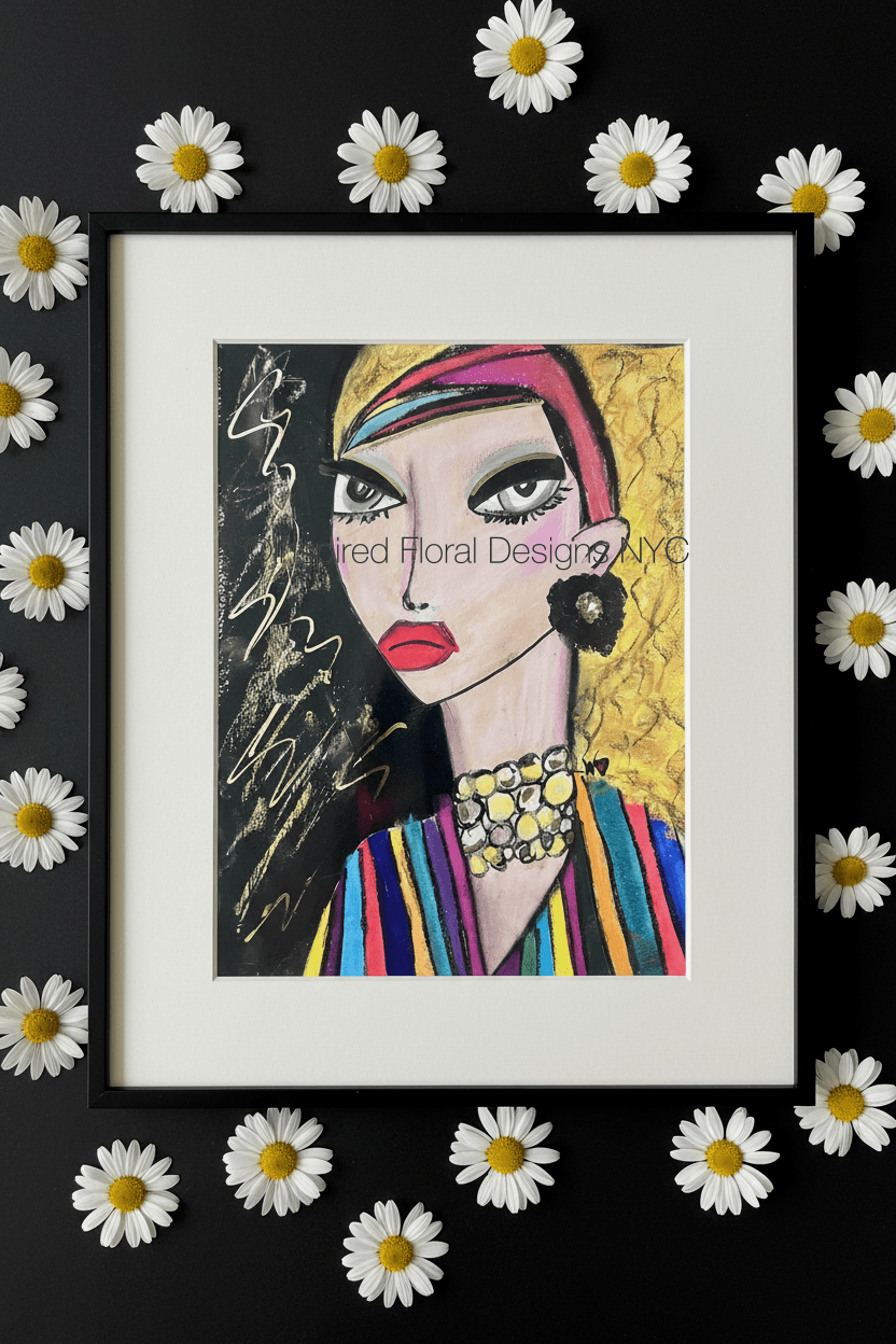 Framed artwork of a stylized portrait with daisies around it by whitney inspired floral designs nyc llc copyright