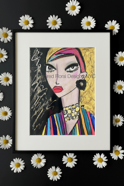 Framed artwork of a stylized portrait with daisies around it by whitney inspired floral designs nyc llc copyright