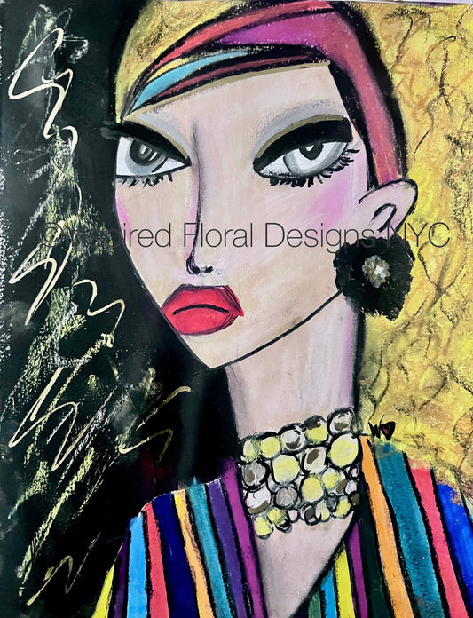 Colorful artwork of a stylized face with vibrant clothing and jewelry, featuring the brand 'Inspired Floral Designs' by whitney copyrighted 