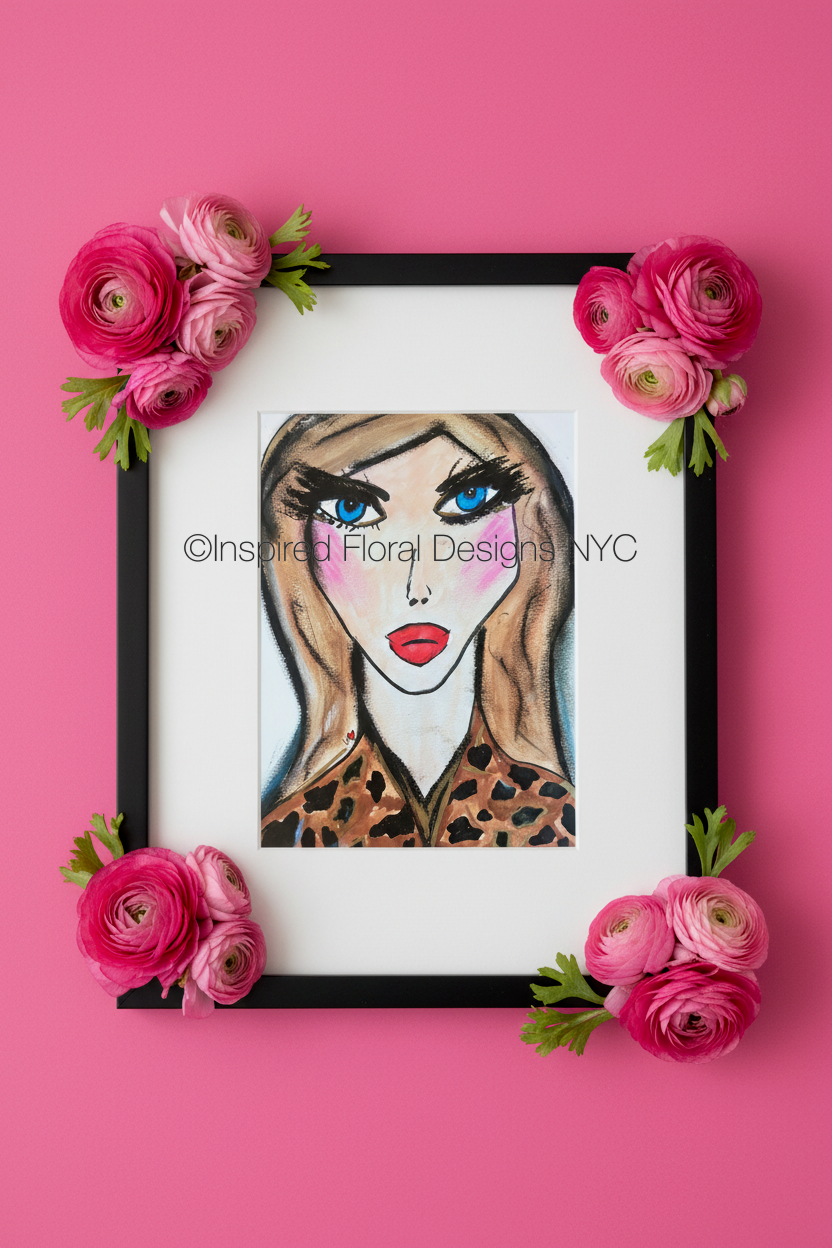 Framed artwork of a woman's face with pink flowers on a pink background by whitney inspired floral designs nyc llc copyright
