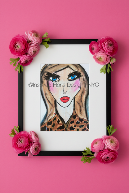 Framed artwork of a woman's face with pink flowers on a pink background by whitney inspired floral designs nyc llc copyright