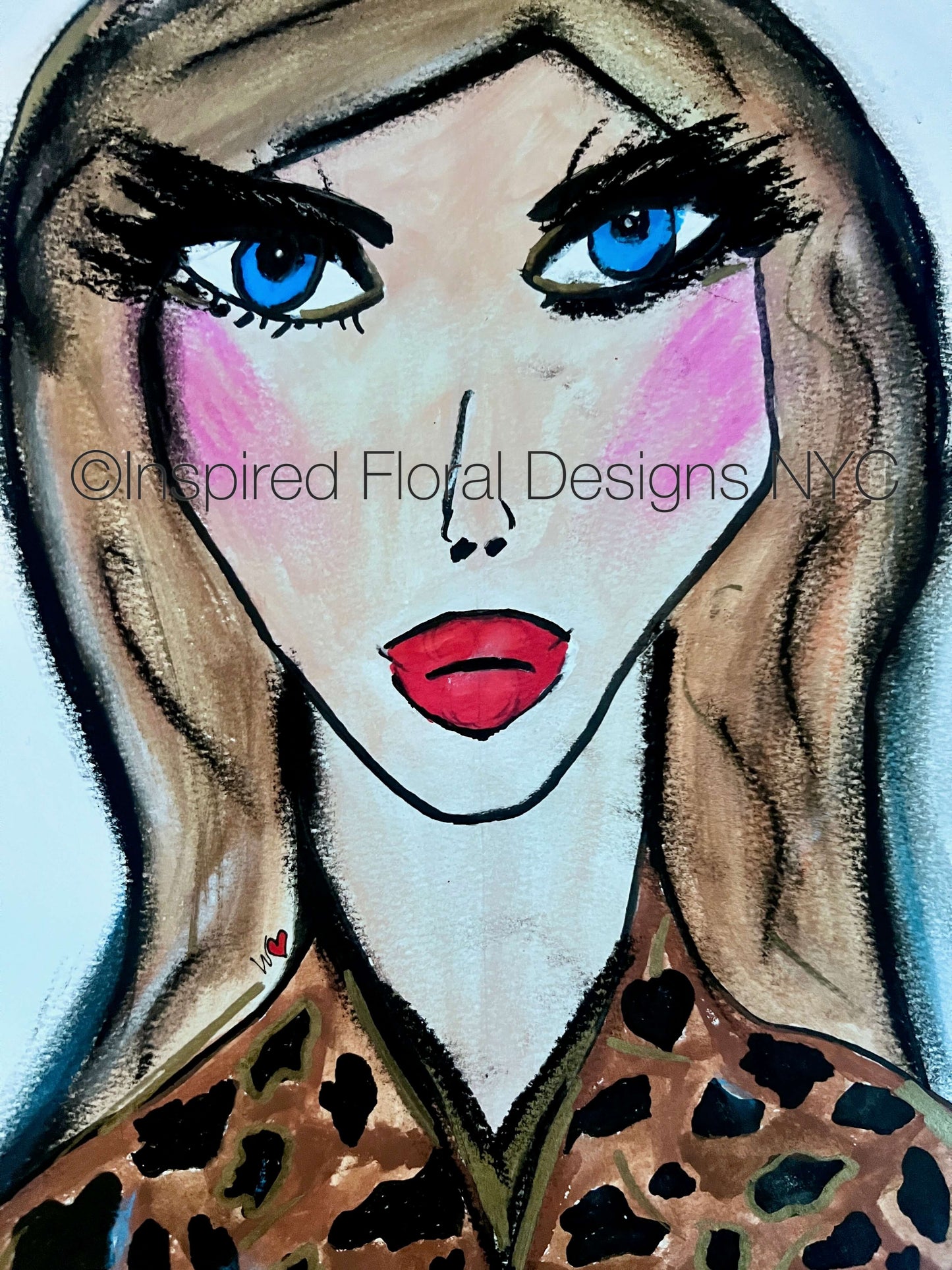 Artistic illustration of a woman's face with blue eyes and red lips, wearing a leopard print garment by whitney inspired floral designs nyc copyright llc 