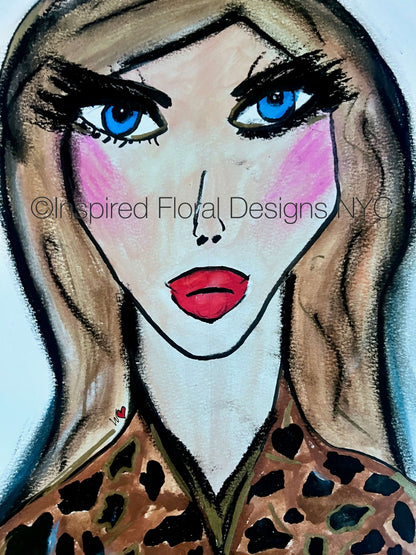 Artistic illustration of a woman's face with blue eyes and red lips, wearing a leopard print garment by whitney inspired floral designs nyc copyright llc 