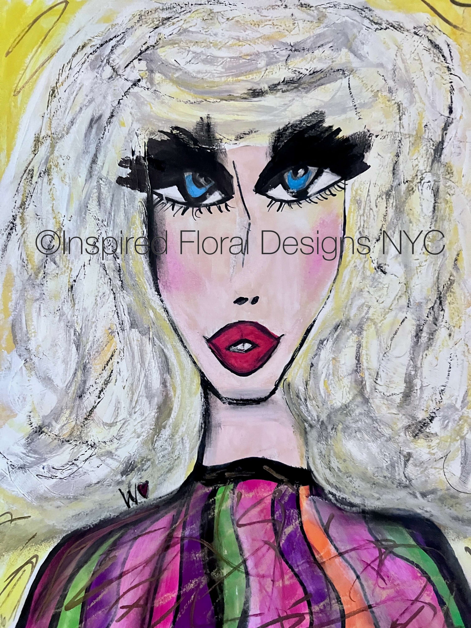 Artistic portrait of a woman with blonde hair and blue eyes, wearing a colorful top, with 'Inspired Floral Designs NYC' branding by whitney copyright