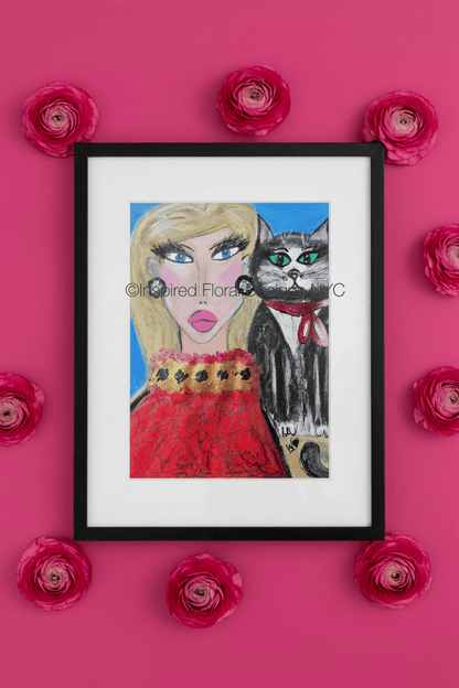 Framed artwork of a woman and a cat with pink flowers around on a pink background by whitney inspired floral designs nyc llc copyright 