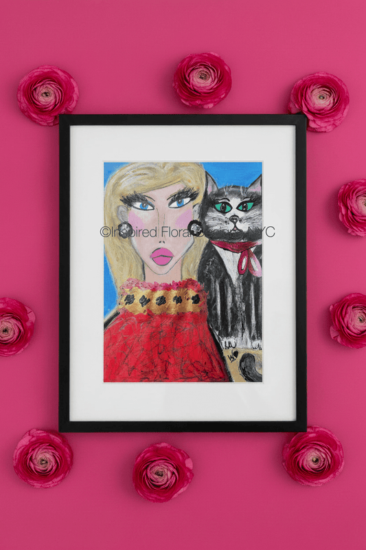 Framed artwork of a woman and a cat with pink flowers around on a pink background by whitney inspired floral designs nyc llc copyright 