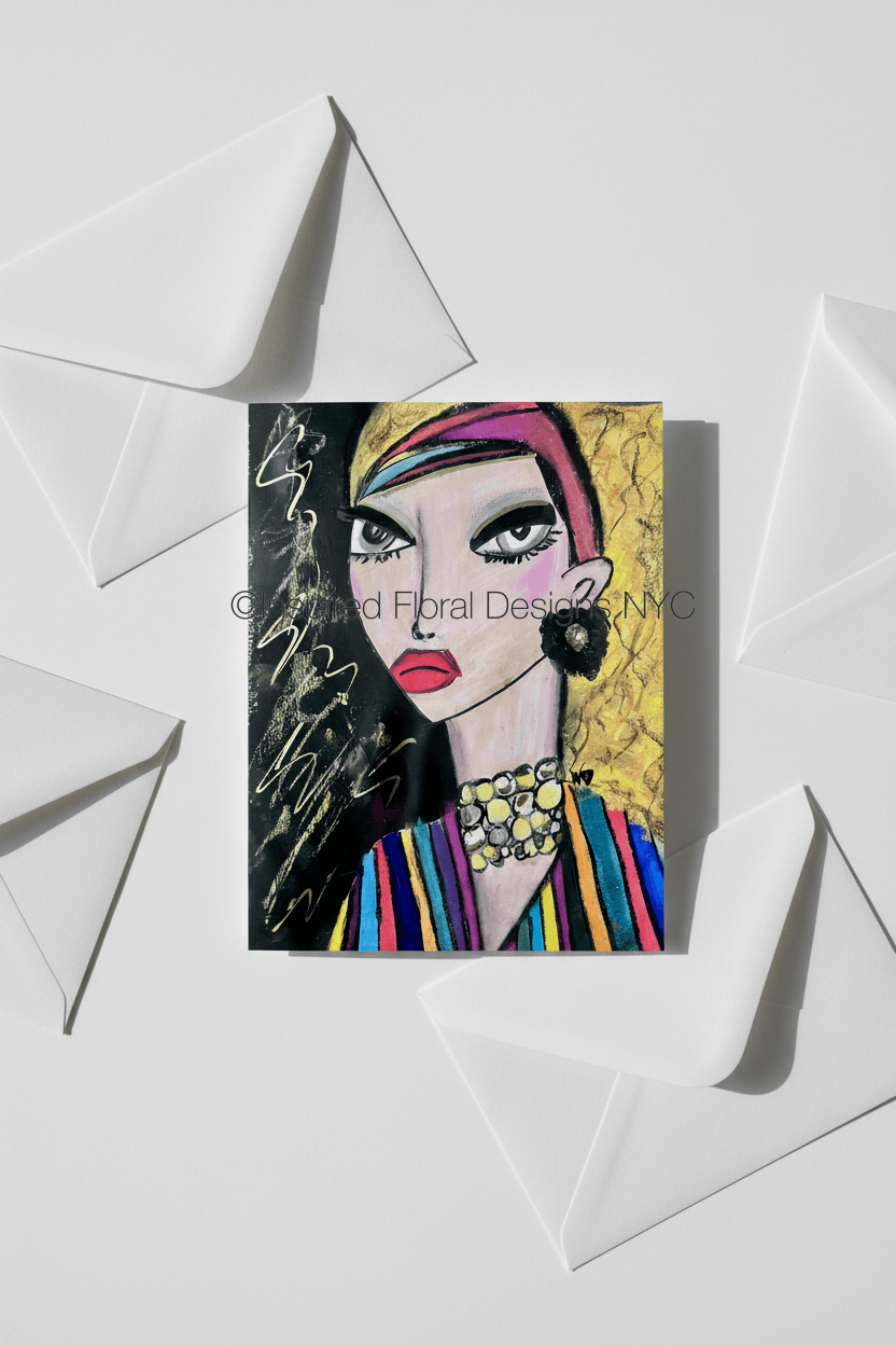 Greeting card with a colorful illustration of a woman's face on a white background by whitney  inspired floral designs nyc llc copyright
