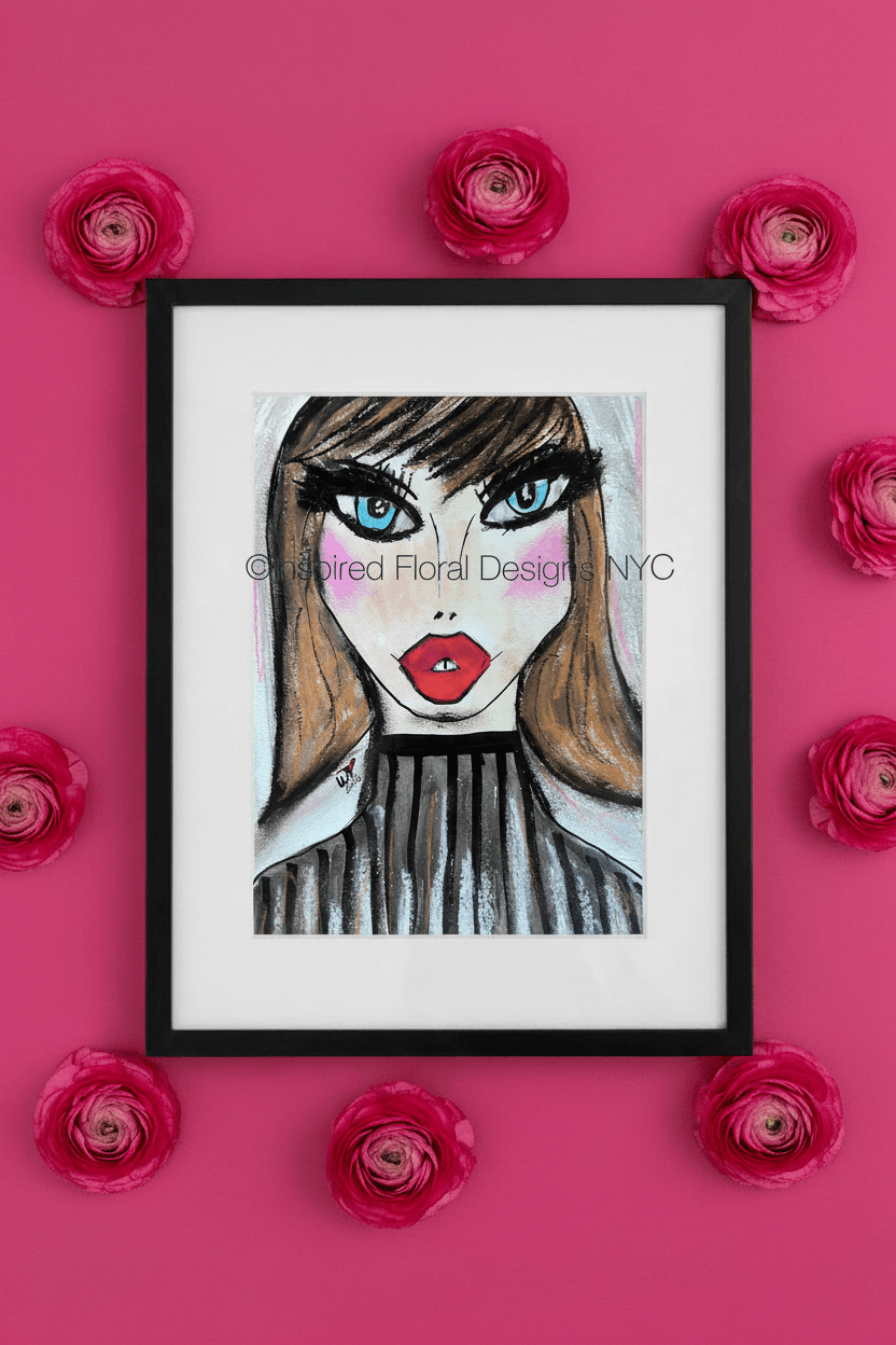 Framed artwork of a stylized face with red lips and blue eyes, surrounded by pink flowers on a pink background. by whitney inspired floral designs nyc llc copyright