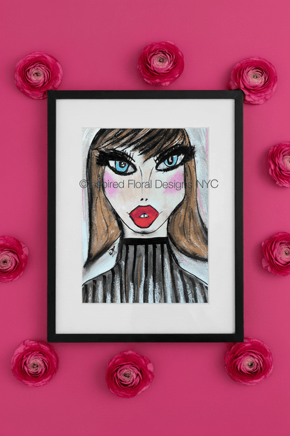 Framed artwork of a stylized face with red lips and blue eyes, surrounded by pink flowers on a pink background. by whitney inspired floral designs nyc llc copyright