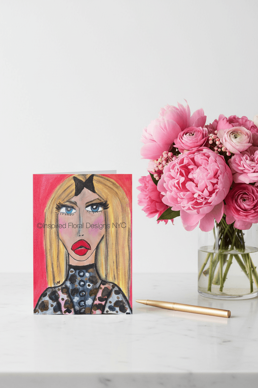 stylized face by inspired floral designs nyc greeting card with pink peonies in a vase on a marble table with gold pen