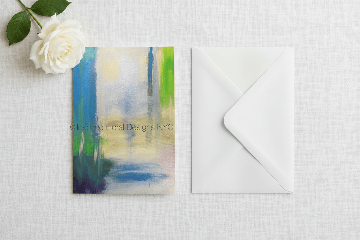 Greeting card with abstract design inspired floral designs nyc llc and white rose on a light gray background copyright 