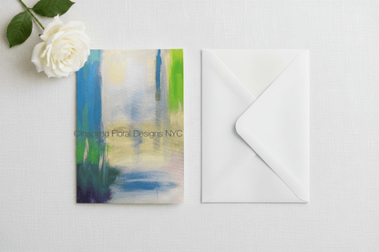 Greeting card with abstract design inspired floral designs nyc llc and white rose on a light gray background copyright 