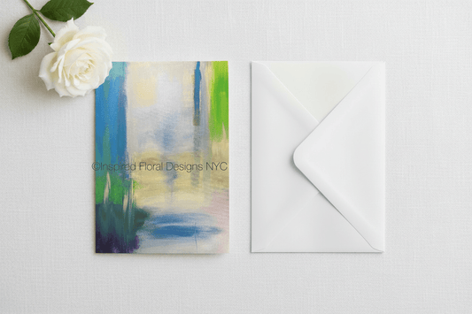 Greeting card with abstract design inspired floral designs nyc llc and white rose on a light gray background copyright 