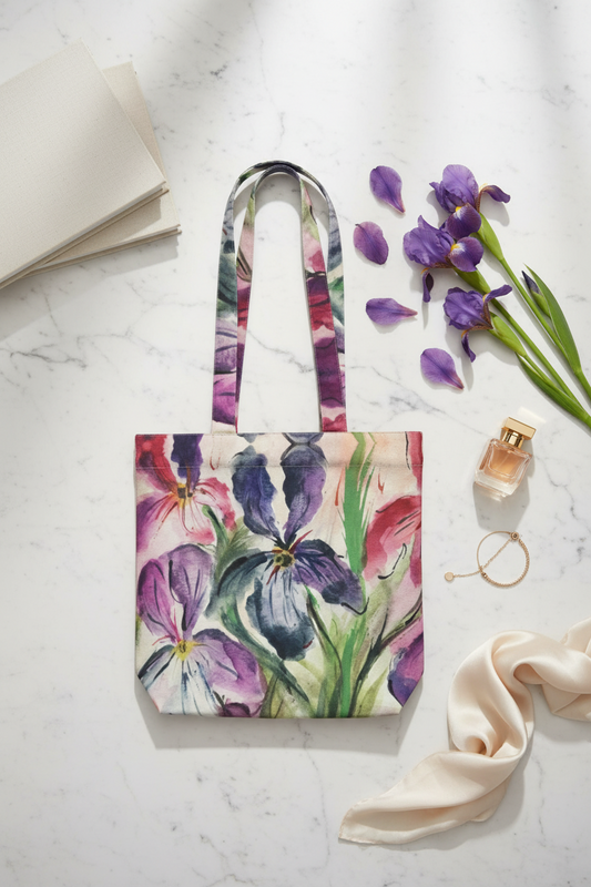 Tote bag with floral design allegra's iris by whitney at inspired floral designs nyc llc on a marble surface with flowers and a bottle.