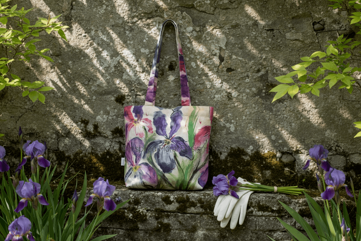 Floral-patterned handbag on a stone ledge with purple flowers and gardening gloves. Inspired floral Designs nyc 
