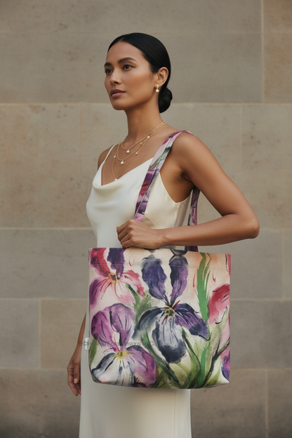model carrying every day tote allegra's iris by inspired floral designs nyc llc copyright