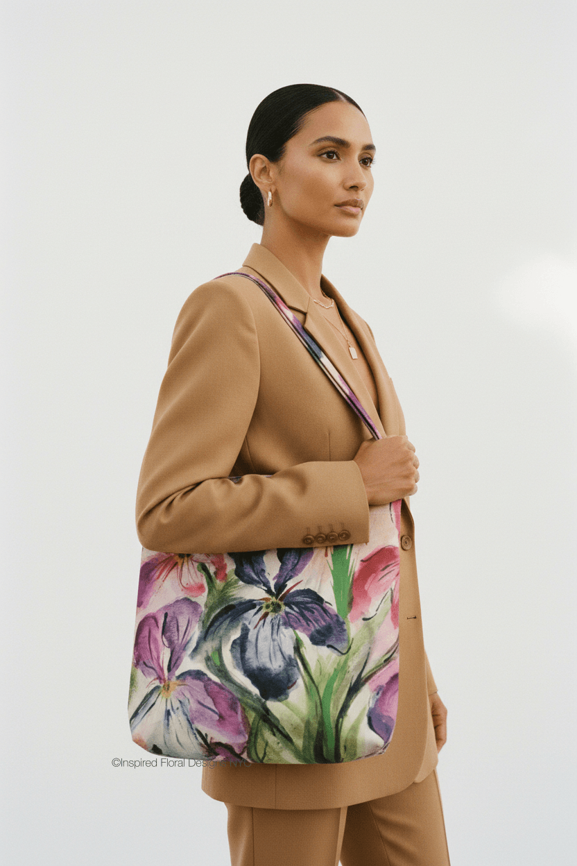 model carrying every day tote allegra's iris purple and pink tote bag inspired floral designs nyc llc copyright