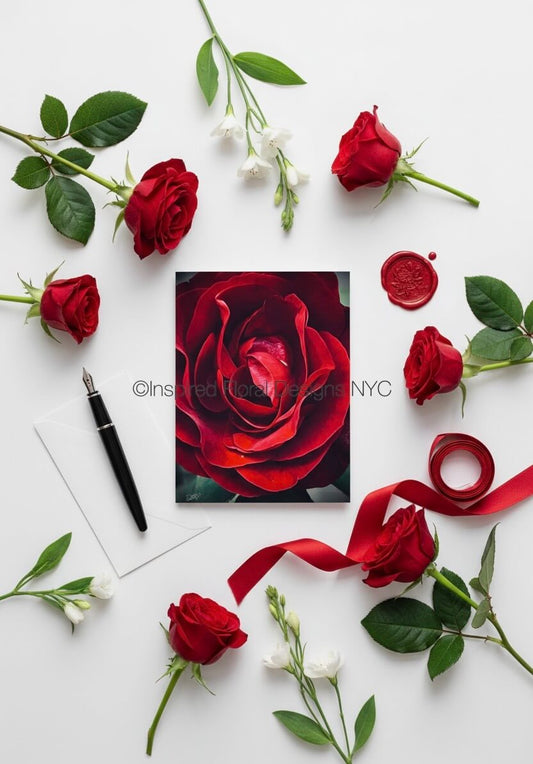red rose greeting card picture from inspired floral designs nyc with flowers and pen and ribbon around it copyright