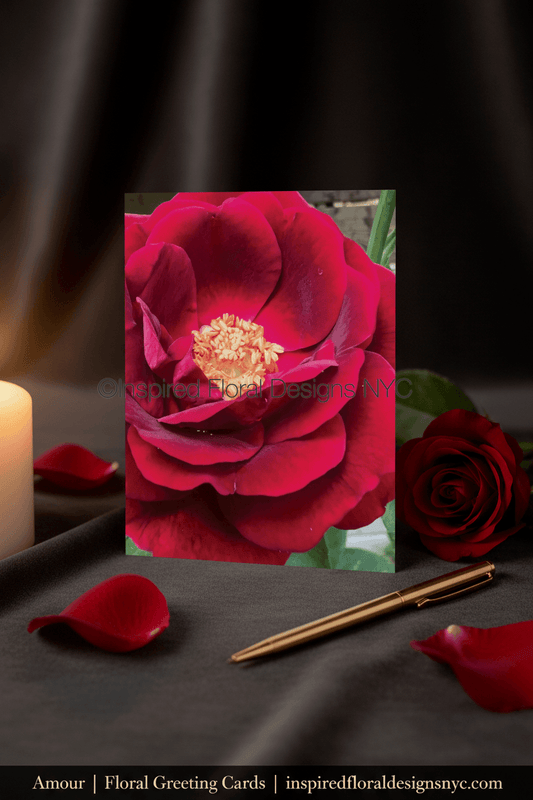 Floral greeting card Amour by Inspired Floral Designs NYC LLC with a red rose on a dark surface with a candle and pen. copyright 