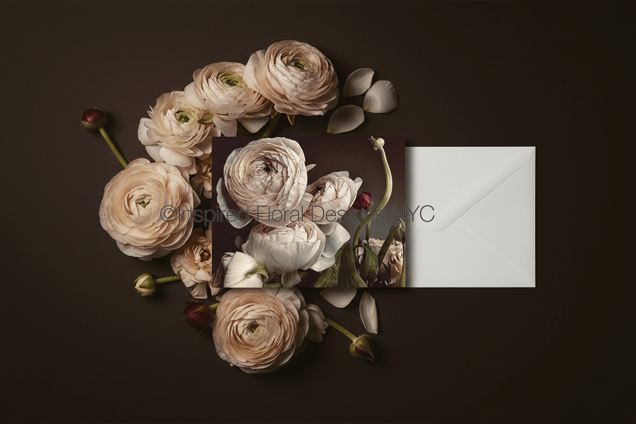 Floral arrangement with a card and envelope on a dark background by inspired floral designs nyc llc copyright